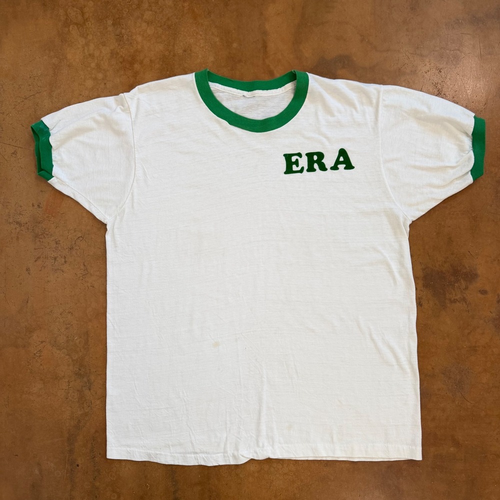 Vintage ERA Ringer T-Shirt White Green Distressed Poly Cotton Retro Mens L